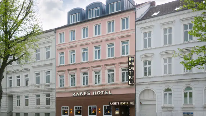 Front of Rabe's Hotel on Ringstraße with red lettering