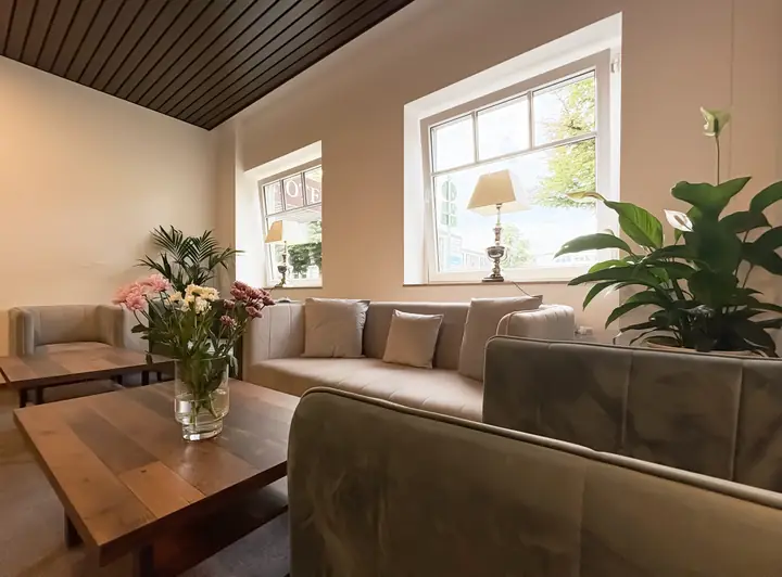 Lounge with leather sofa, plants and daylight